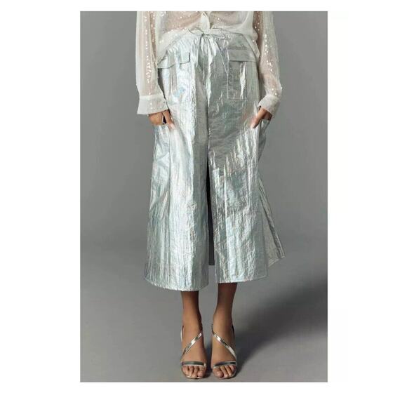 Anthropologie Maxi Skirt Womens L Silver Split Front Elastic Waist Pocket Nylon - Picture 2 of 13